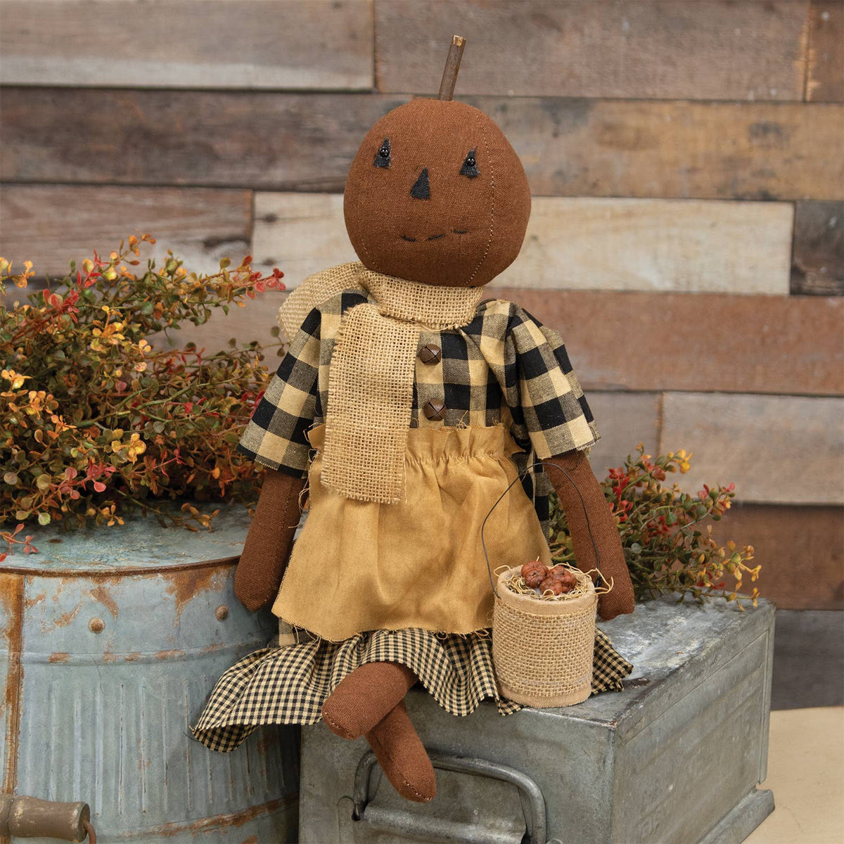 Primitive Pumpkin Girl with Apple Pail