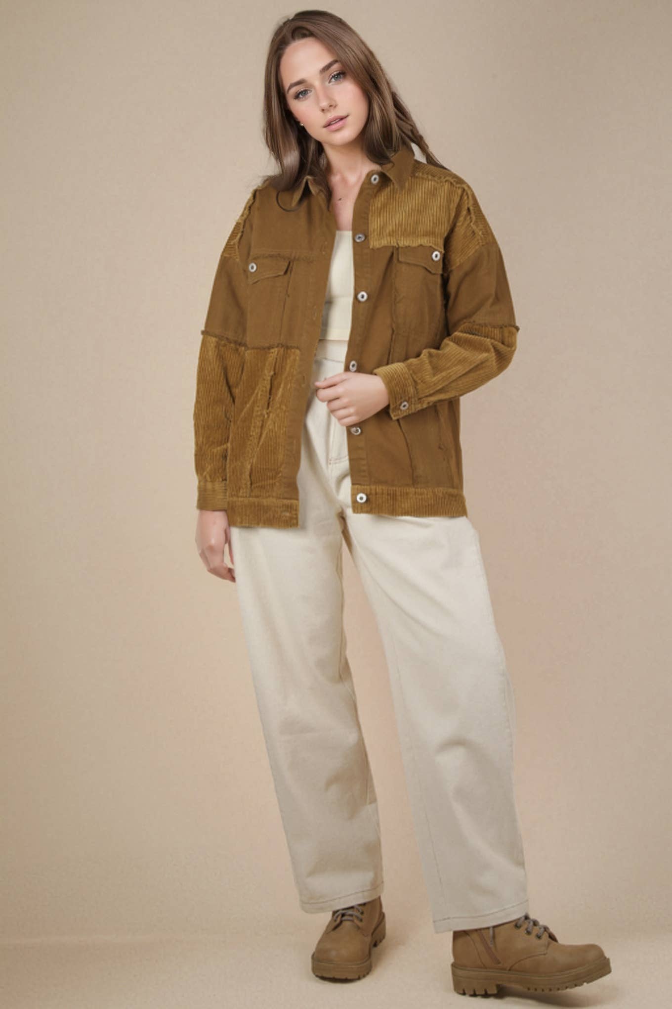 VERY J -Mineral Washed Color Block Button Down Jacket - OLIVE