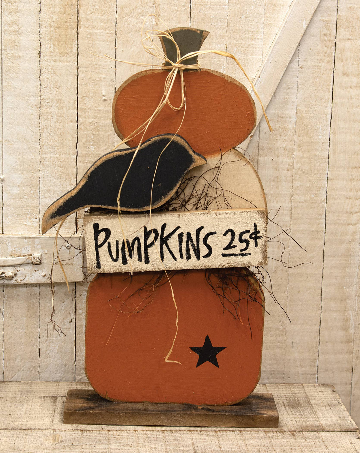 Rustic Wood Pumpkins Stack w/Crow on Base - 25"H