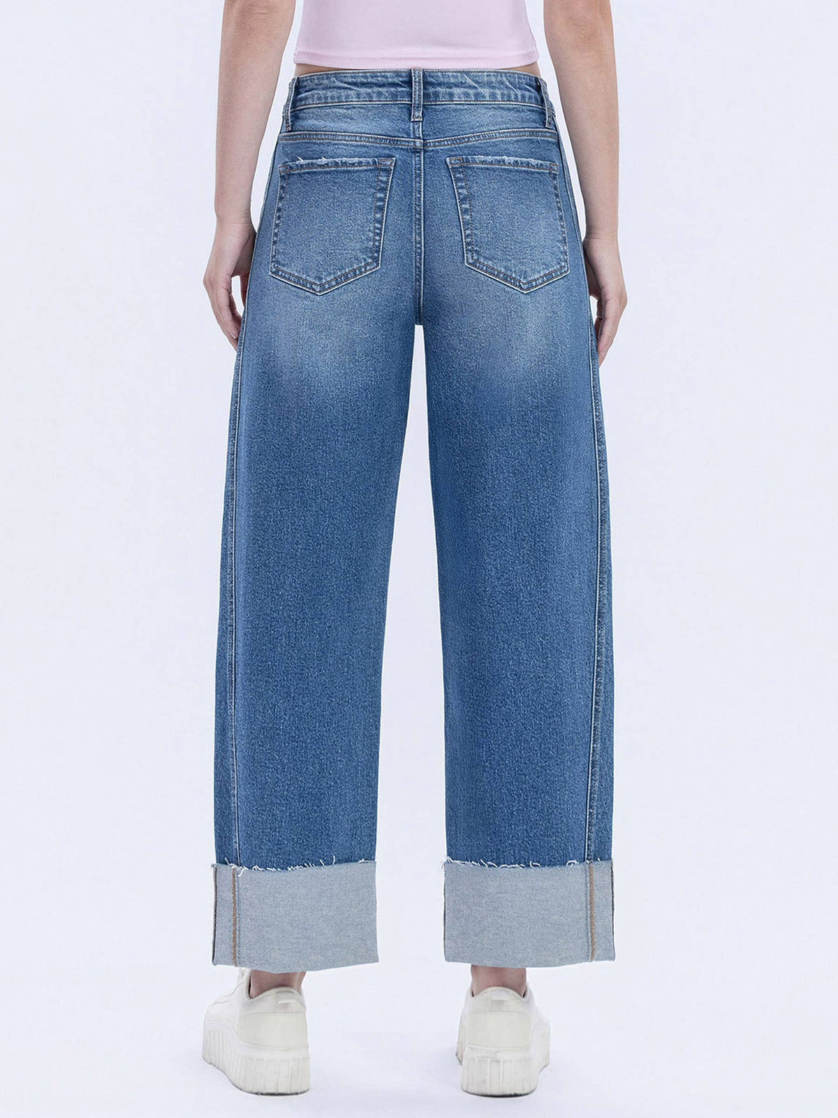 HIGH RISE CUFFED BARREL LEG JEANS - DEFEATING