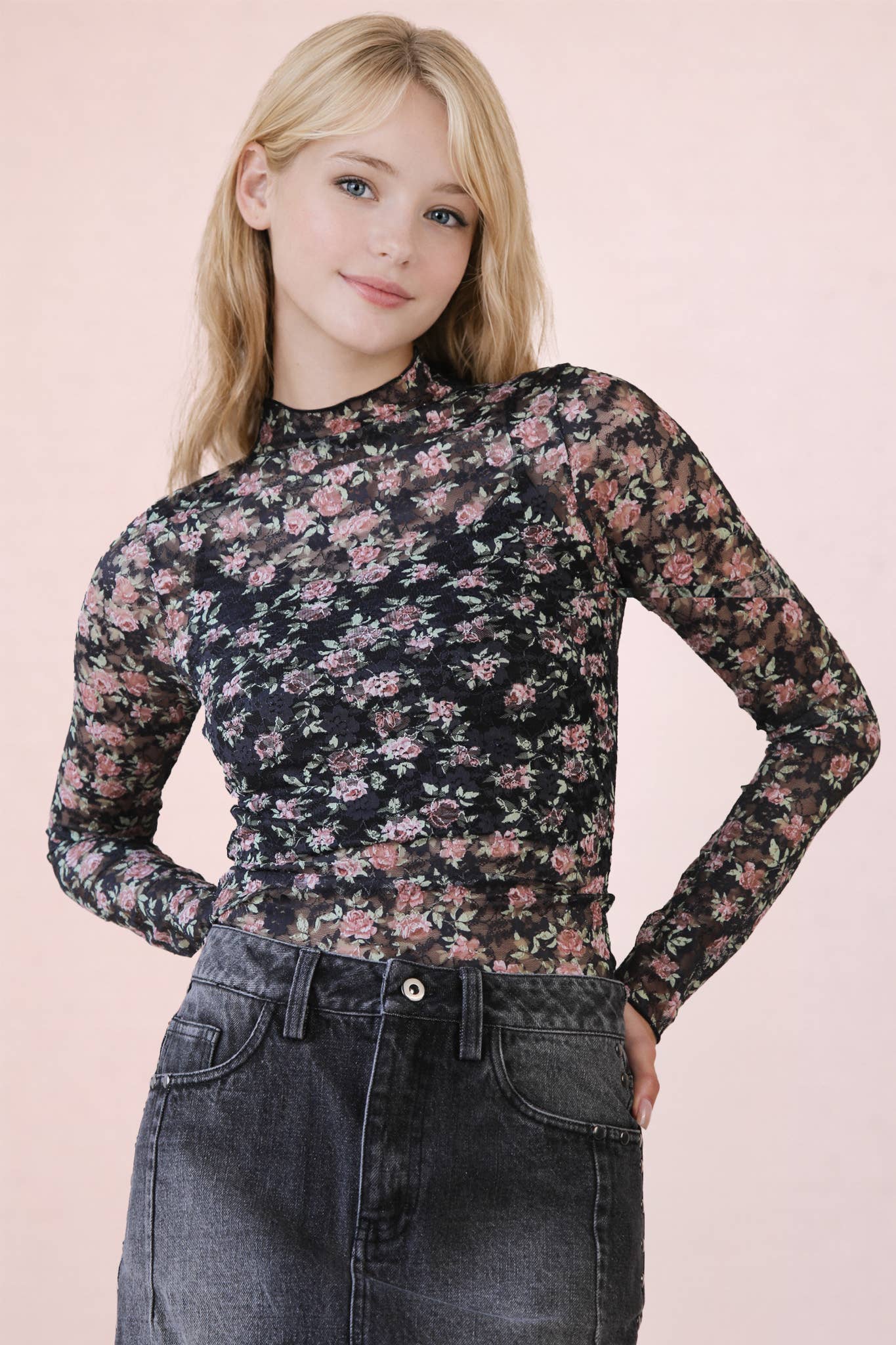 VERY J-High Neck Fitted Sheer Mesh Lace Knit Top - BLACK FLORAL