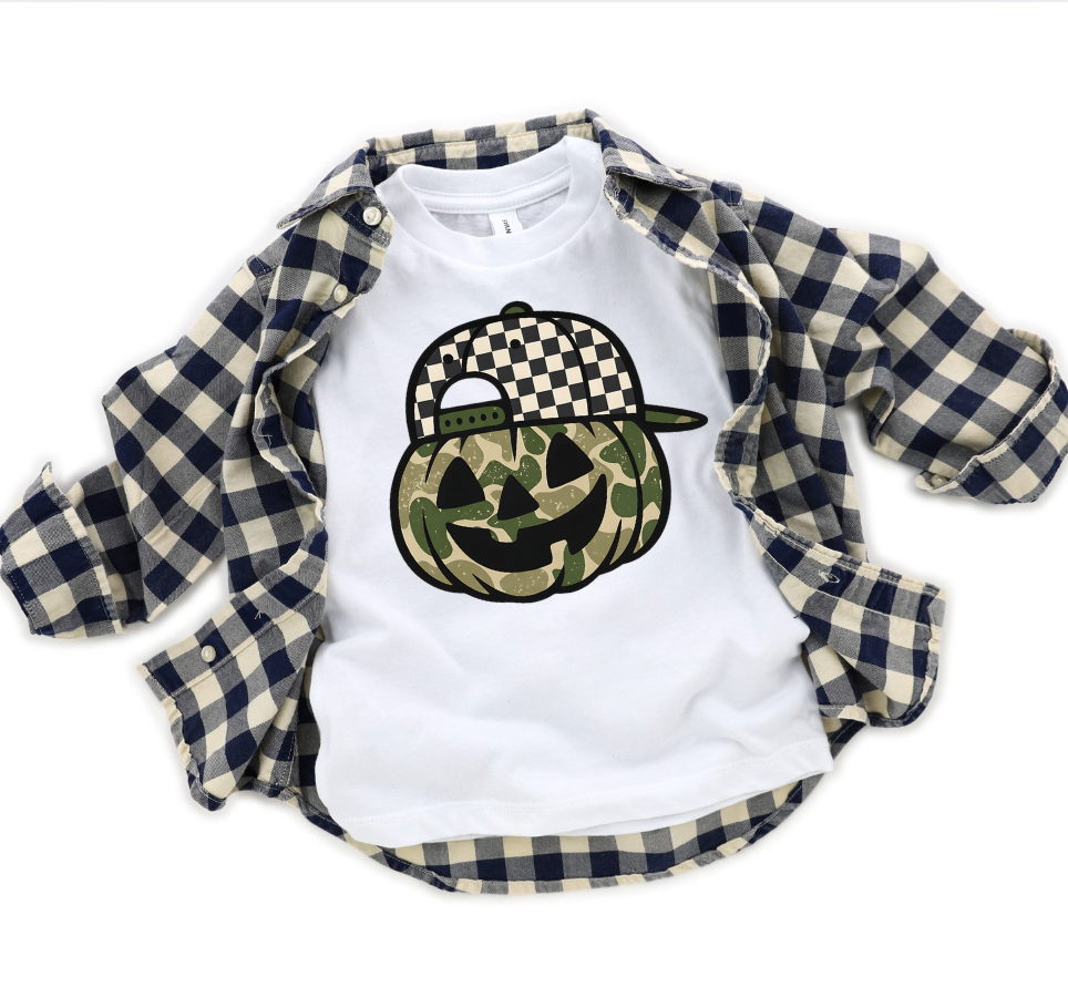 Camo Pumpkin with Hat Boys Halloween Ghost Tee Shirt