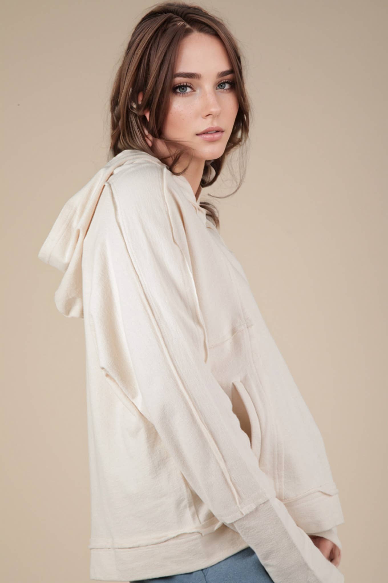 VERY J -Raw Edge Cute Detail Hoodie Knit Top - OATMEAL