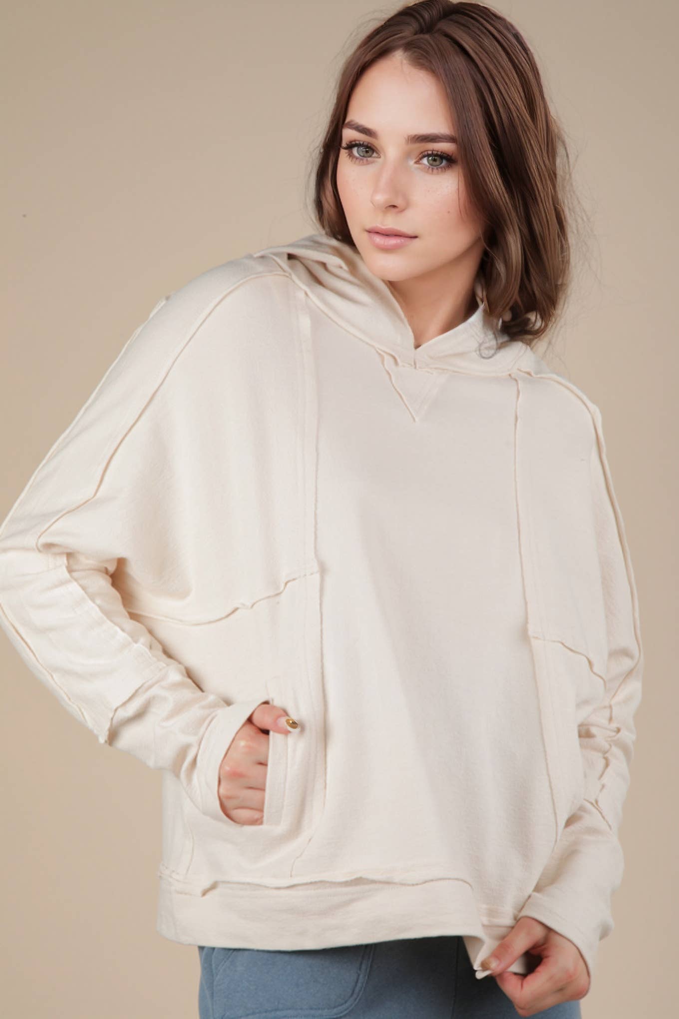 VERY J -Raw Edge Cute Detail Hoodie Knit Top - OATMEAL