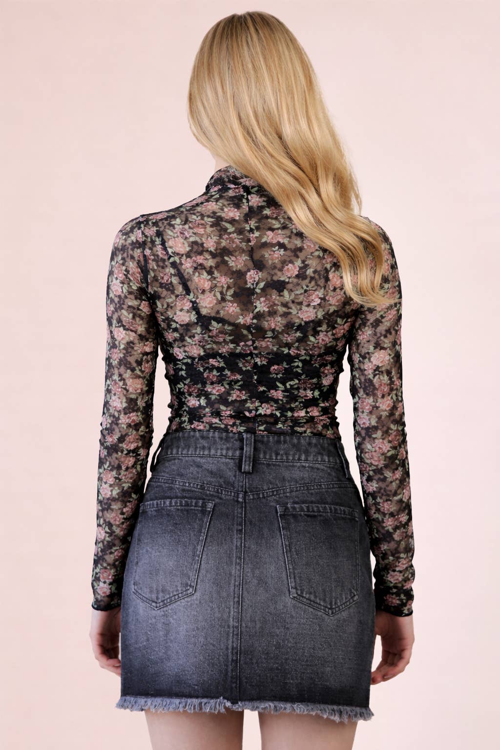 VERY J-High Neck Fitted Sheer Mesh Lace Knit Top - BLACK FLORAL