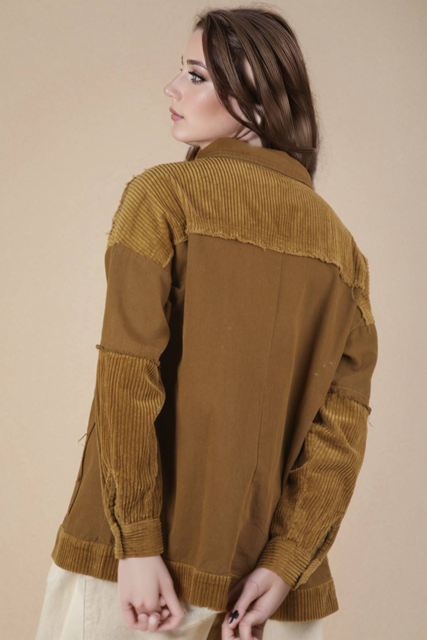 VERY J -Mineral Washed Color Block Button Down Jacket - OLIVE