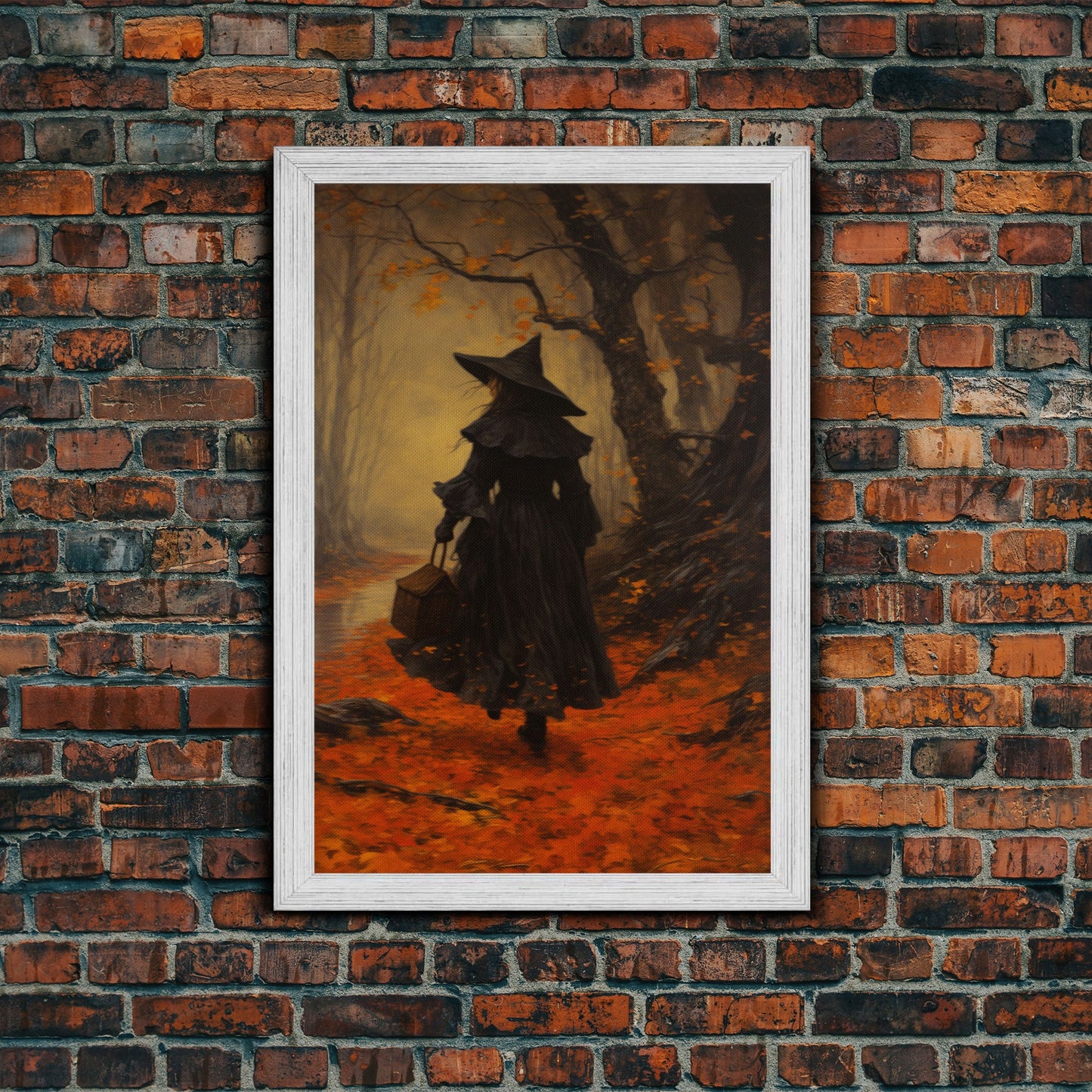 The Witch, Witch Decor, Halloween Witch, Framed Canvas, Retro Hallowen Wall Art, Halloween Canvas, Witch Painting, Fall Decor, Fall Leaves