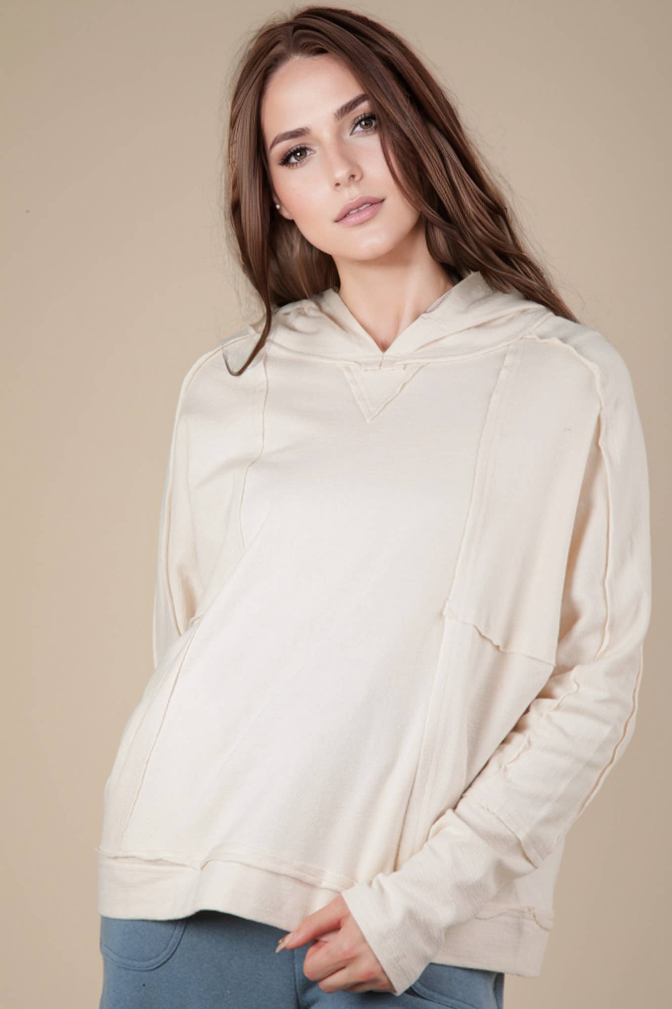 VERY J -Raw Edge Cute Detail Hoodie Knit Top - OATMEAL