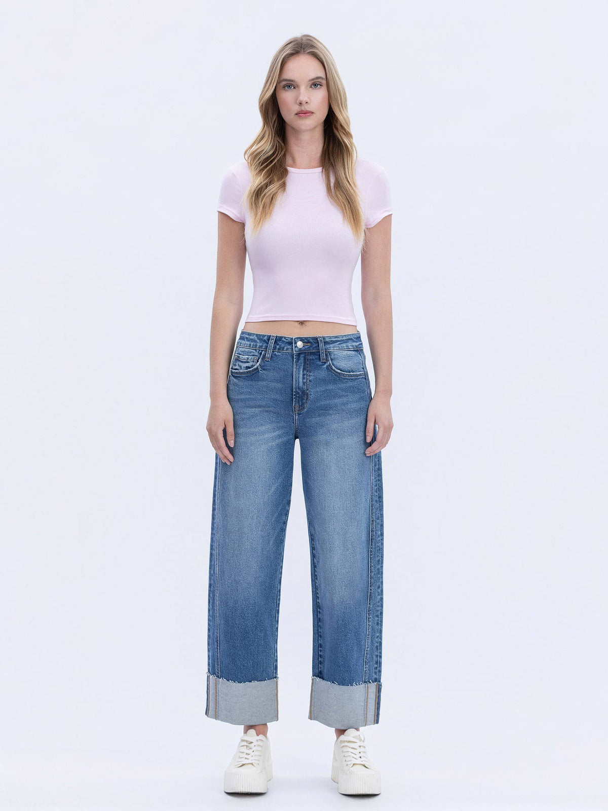 HIGH RISE CUFFED BARREL LEG JEANS - DEFEATING