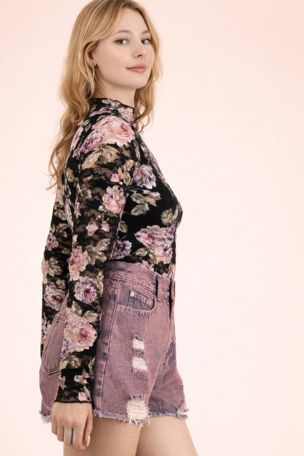VERY J-High Neck Fitted Sheer Mesh Lace Knit Top - BLACK FLORAL