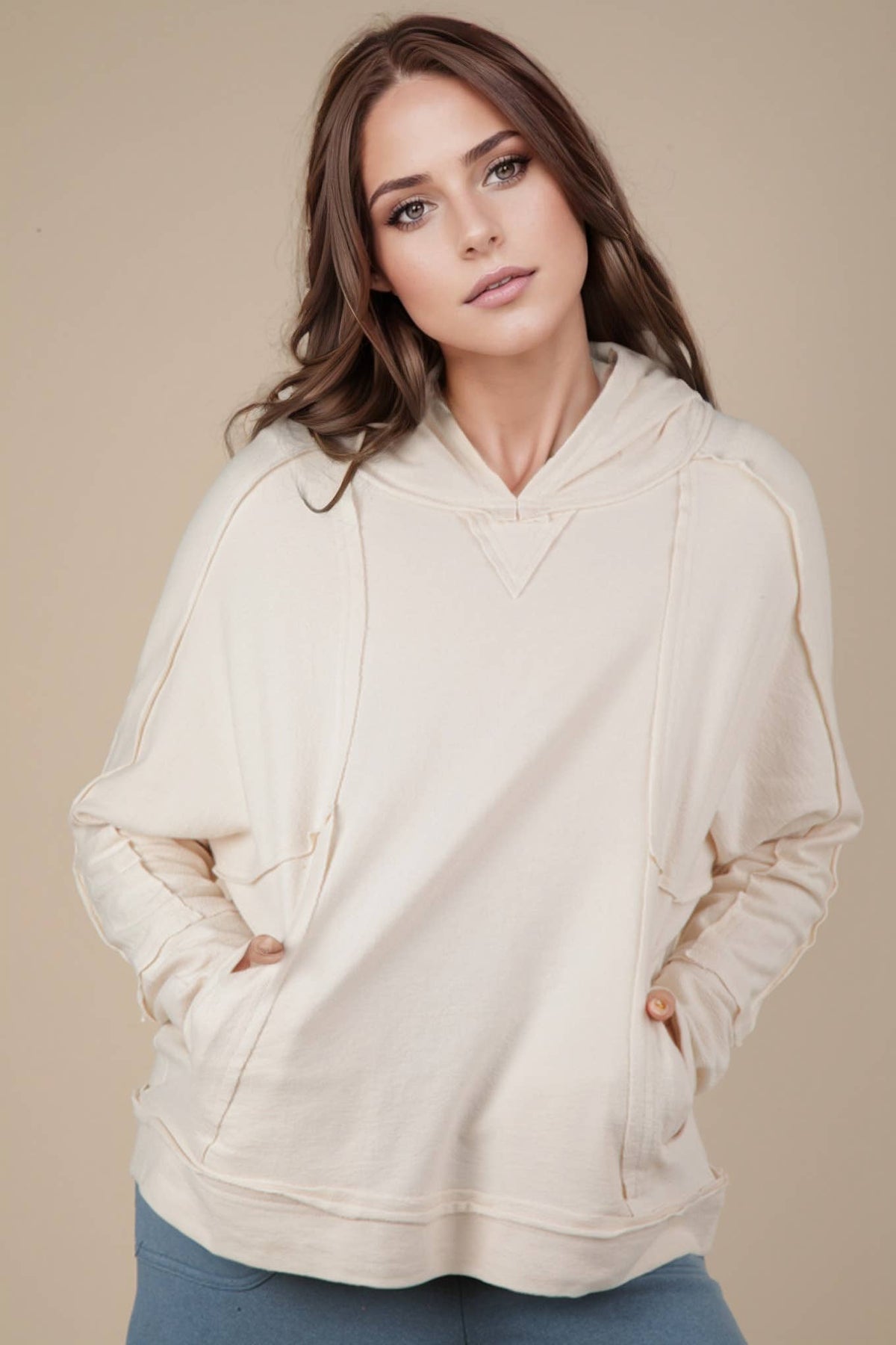 VERY J -Raw Edge Cute Detail Hoodie Knit Top - OATMEAL