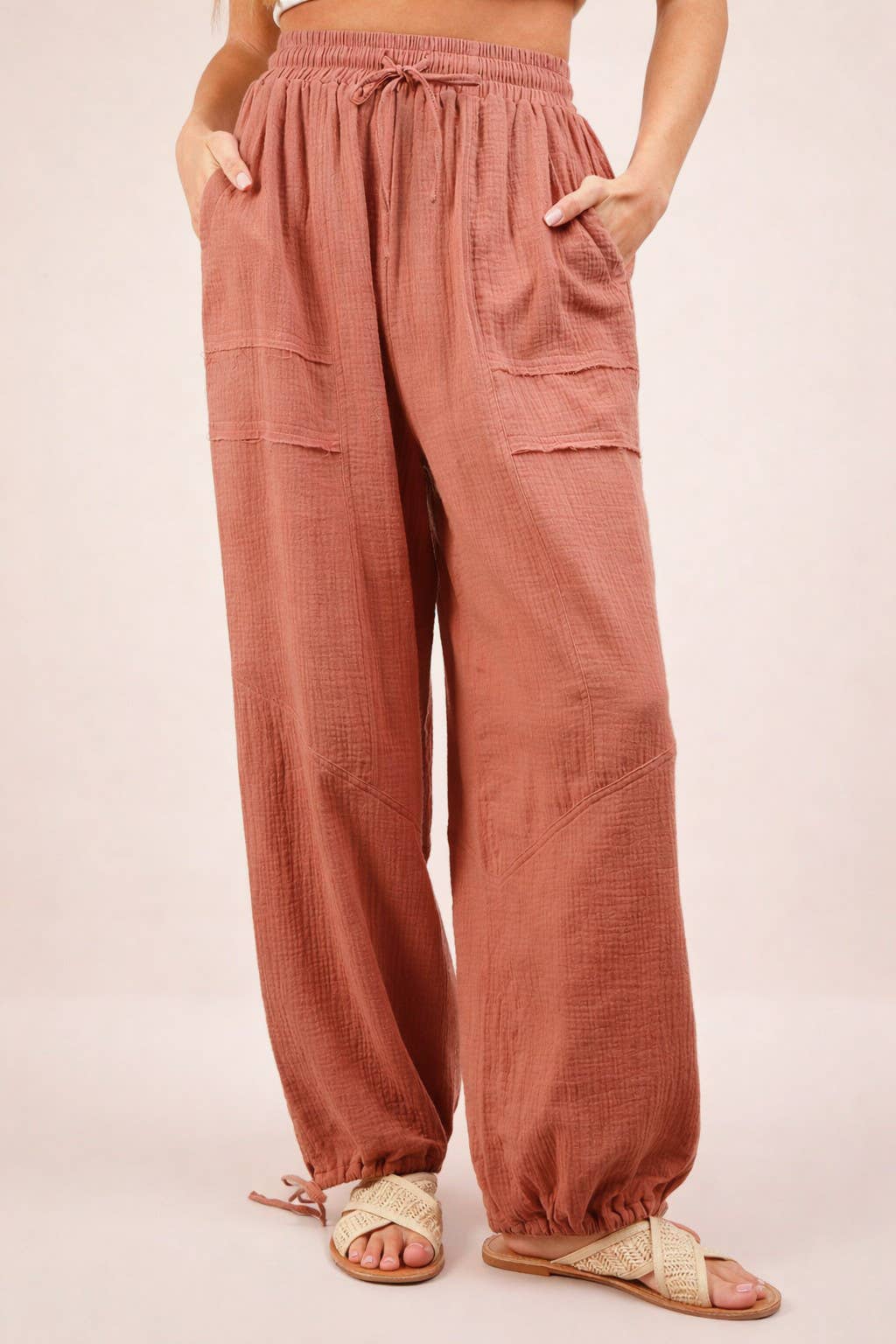 VERY J -Wide Leg Gauze Solid Pants - BLUSH