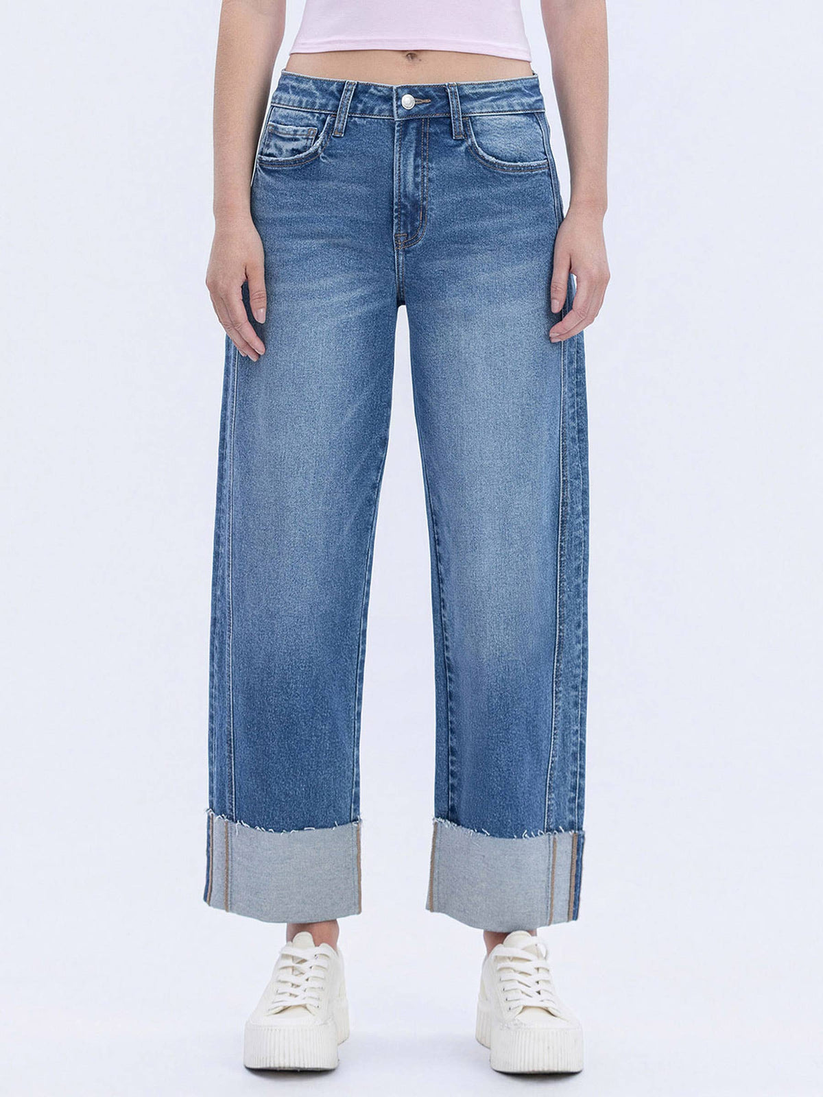 HIGH RISE CUFFED BARREL LEG JEANS - DEFEATING
