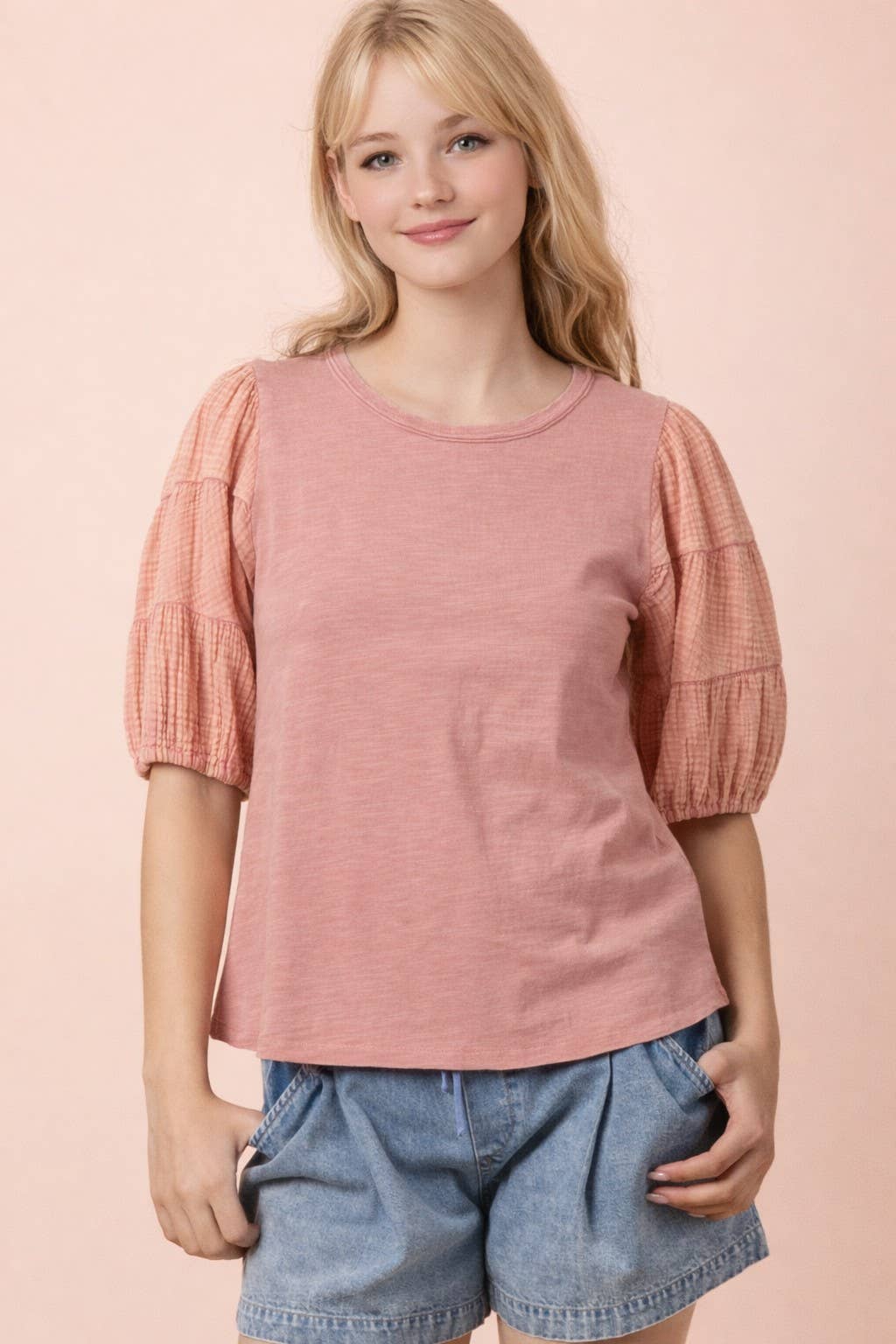 Mineral Washed Puff Sleeve Top