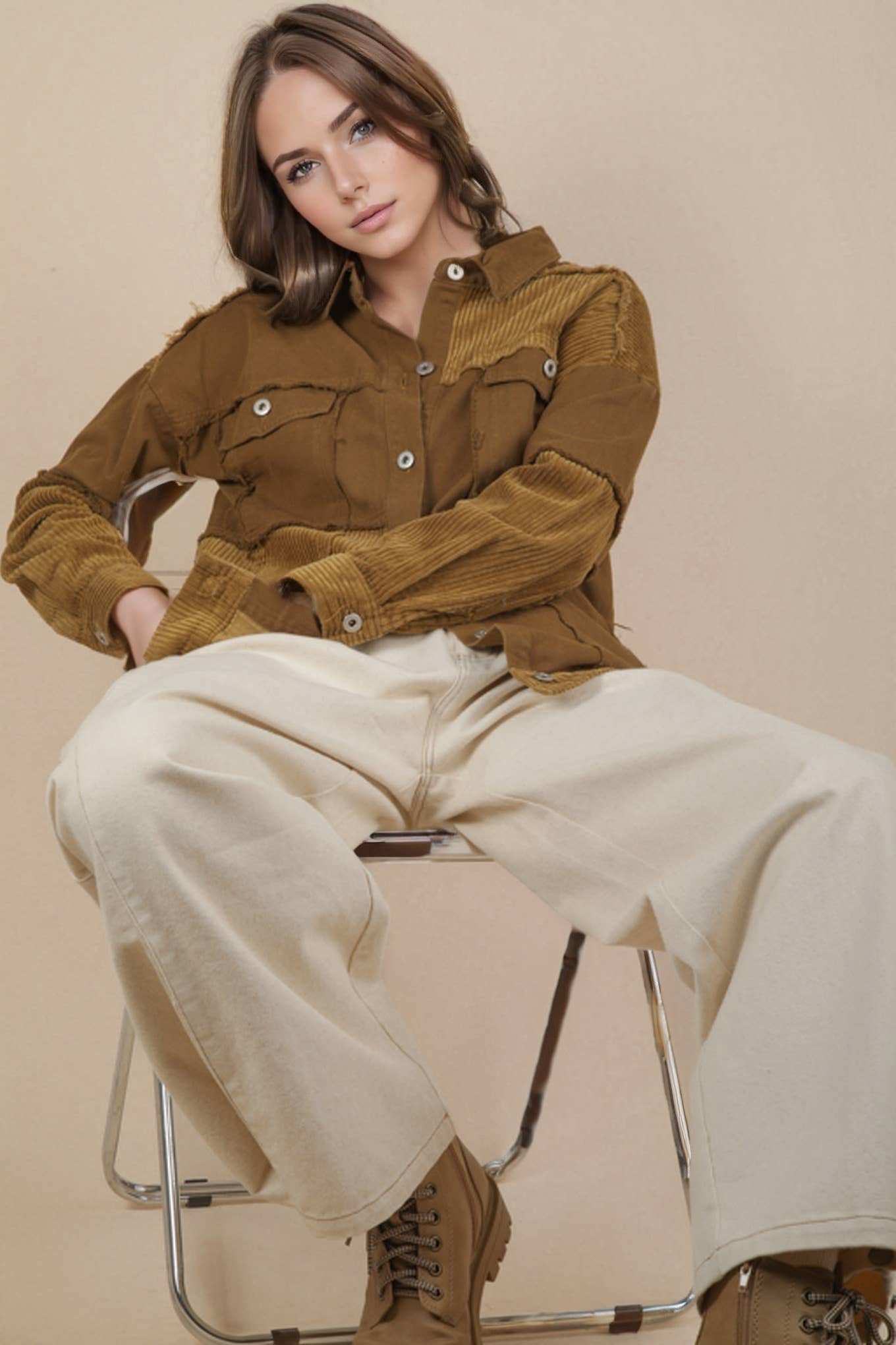 VERY J -Mineral Washed Color Block Button Down Jacket - OLIVE