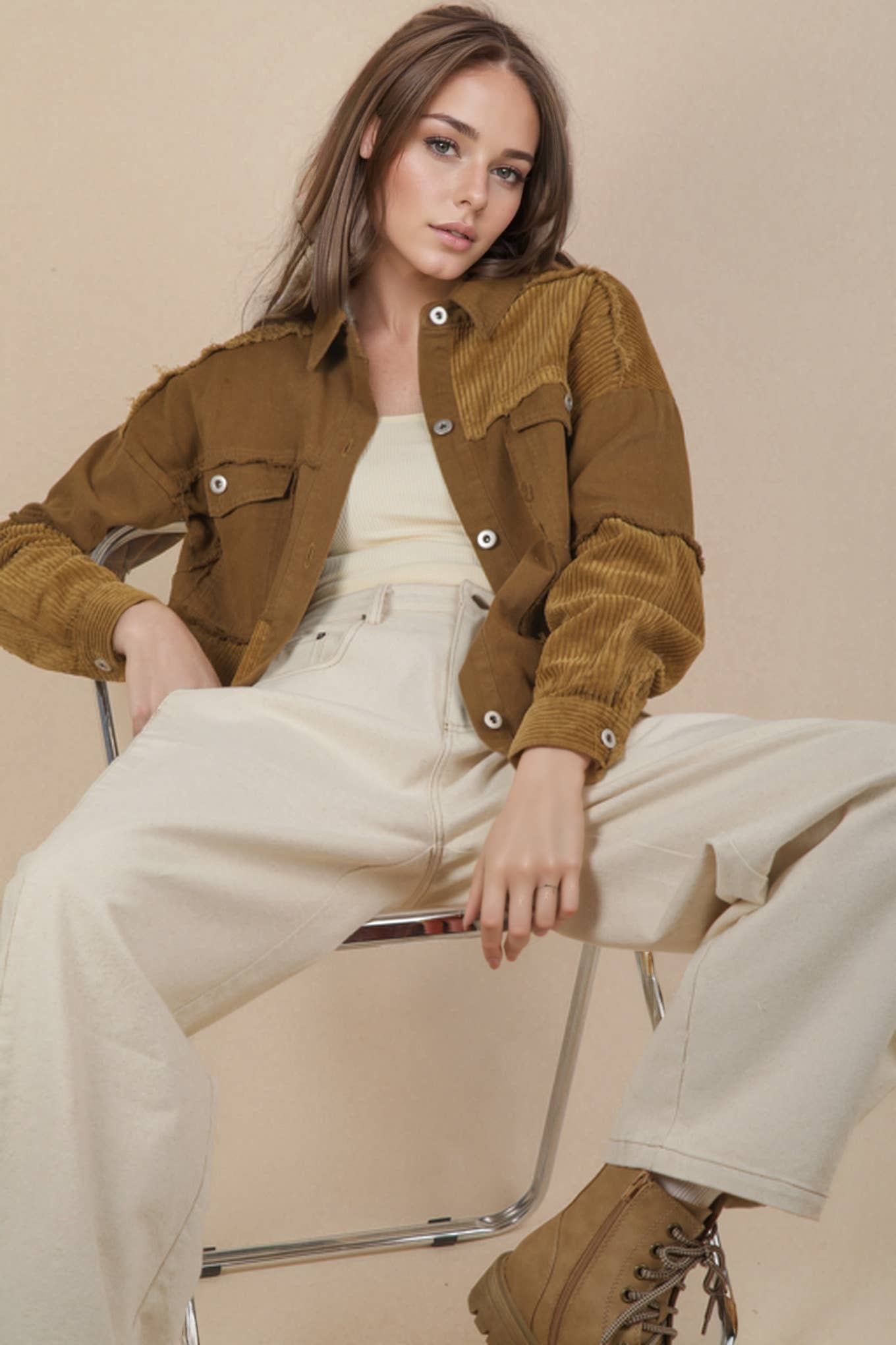 VERY J -Mineral Washed Color Block Button Down Jacket - OLIVE