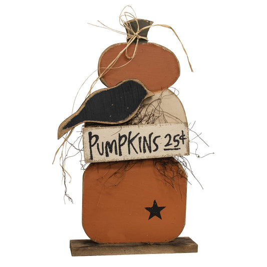 Rustic Wood Pumpkins Stack w/Crow on Base - 25"H