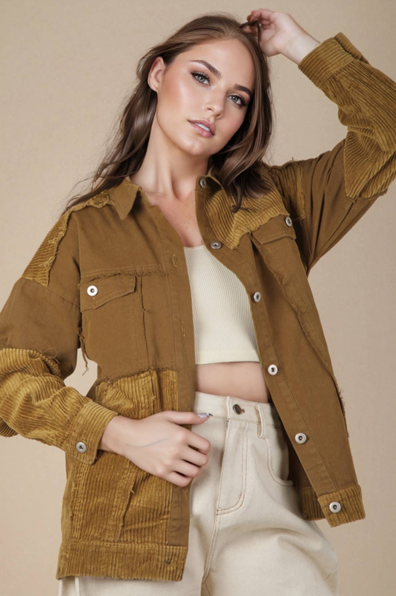 VERY J -Mineral Washed Color Block Button Down Jacket - OLIVE