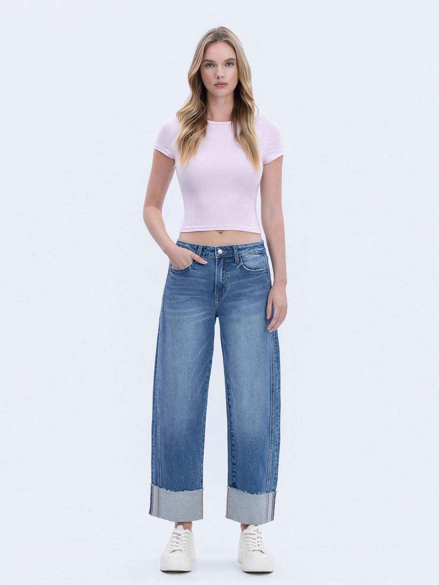 HIGH RISE CUFFED BARREL LEG JEANS - DEFEATING