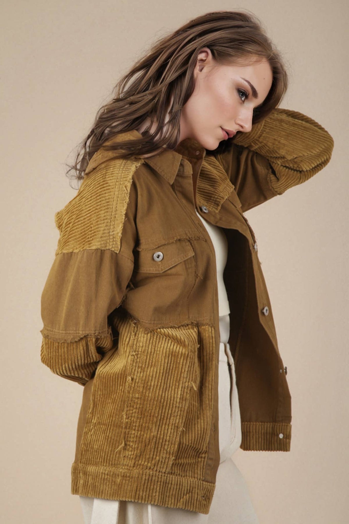 VERY J -Mineral Washed Color Block Button Down Jacket - OLIVE