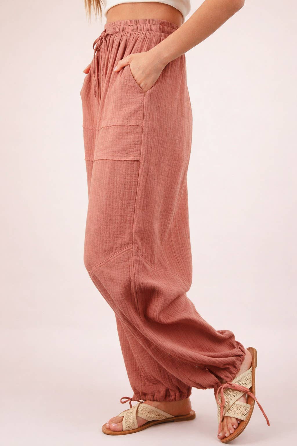 VERY J -Wide Leg Gauze Solid Pants - BLUSH