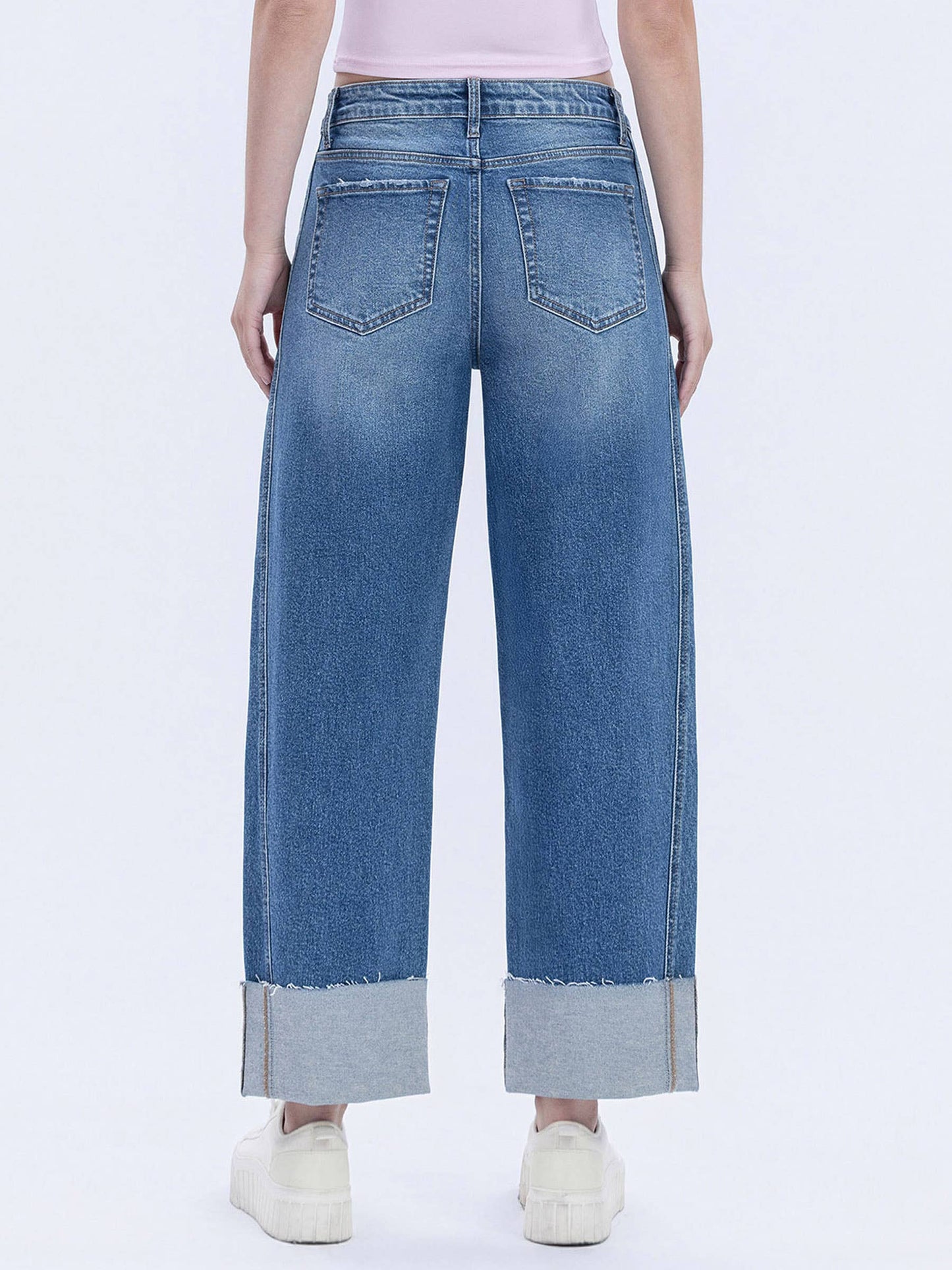 HIGH RISE CUFFED BARREL LEG JEANS - DEFEATING
