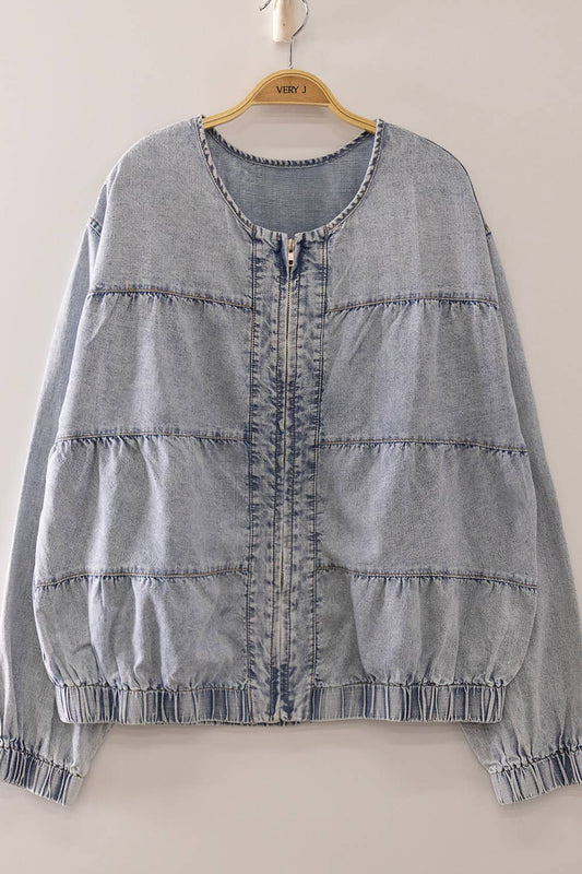 Tiered Layers Washed Denim Jacket - INDIGO